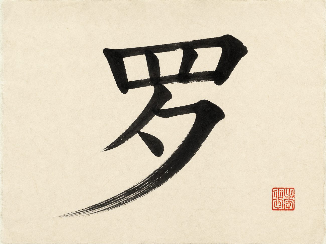 The Chinese character 罗, the surname Luo and Law, written in bold brush calligraphy on warm rice paper with a small red seal