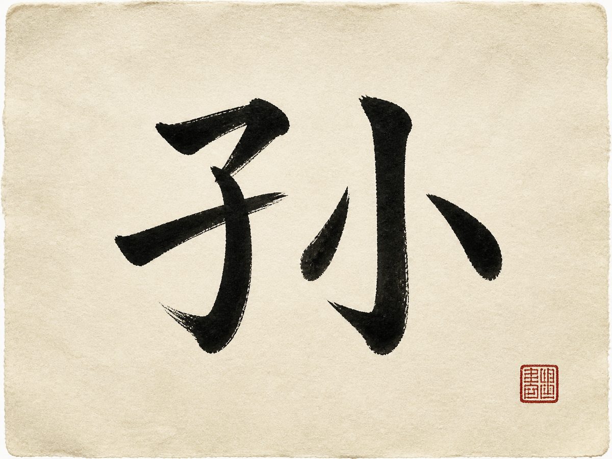 The Chinese character 孙, the surname Sun, written in bold brush calligraphy on warm rice paper with a small red seal