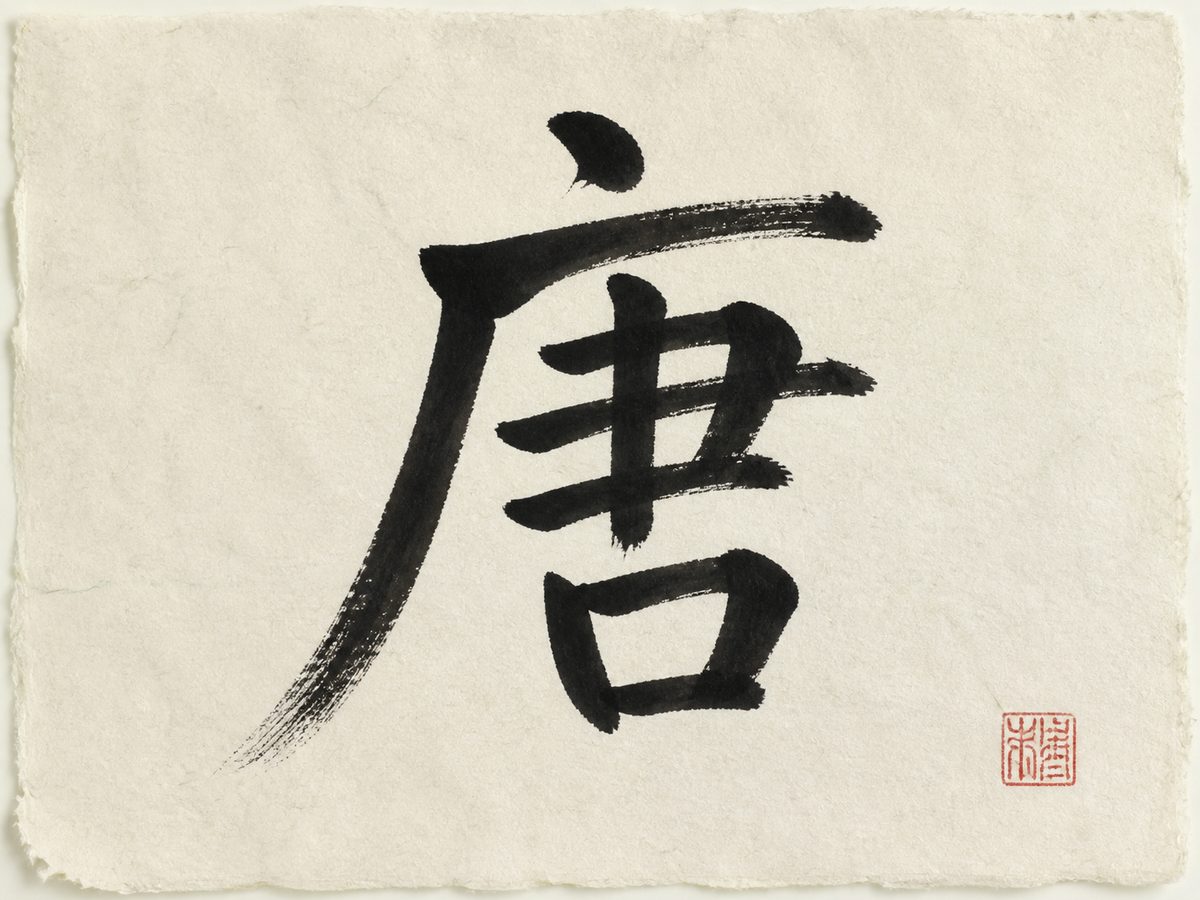 The Chinese character 唐, the surname Tang, written in bold brush calligraphy on warm rice paper with a small red seal