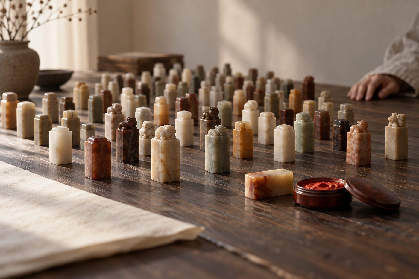 Dozens of small carved stone name seals standing in loose rows on a dark wooden table in side light, carved faces down, one seal lying beside an open tin of cinnabar seal paste