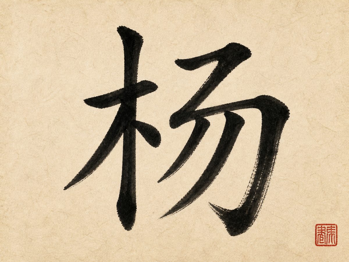 The Chinese character 杨, the surname Yang, Yeung, and Yeoh, in bold brush calligraphy with a small red seal