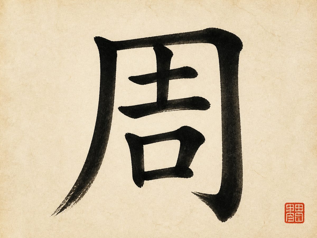 The Chinese character 周, the surname Chow, Chou and Zhou, in bold brush calligraphy with a small red seal
