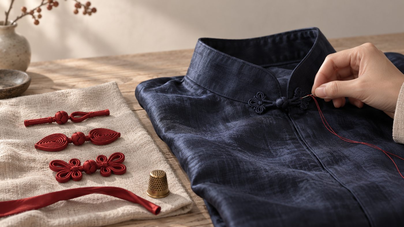 A hand stitching a knot button to the collar of an ink-blue silk jacket, with three pairs of red knot buttons, straight, pipa and butterfly, laid on linen beside it.