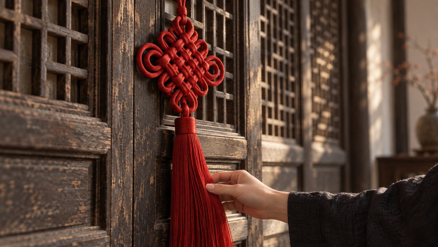 A large red endless knot with a long silk tassel hanging on an old wooden lattice door, a hand straightening the tassel in soft side light.