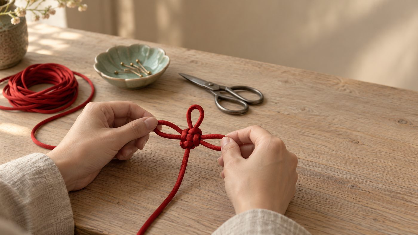 Two hands tightening a half-tied red lucky Chinese knot, the good luck knot, on a pale wooden table, with a coil of spare cord, scissors and a dish of pins beside it.