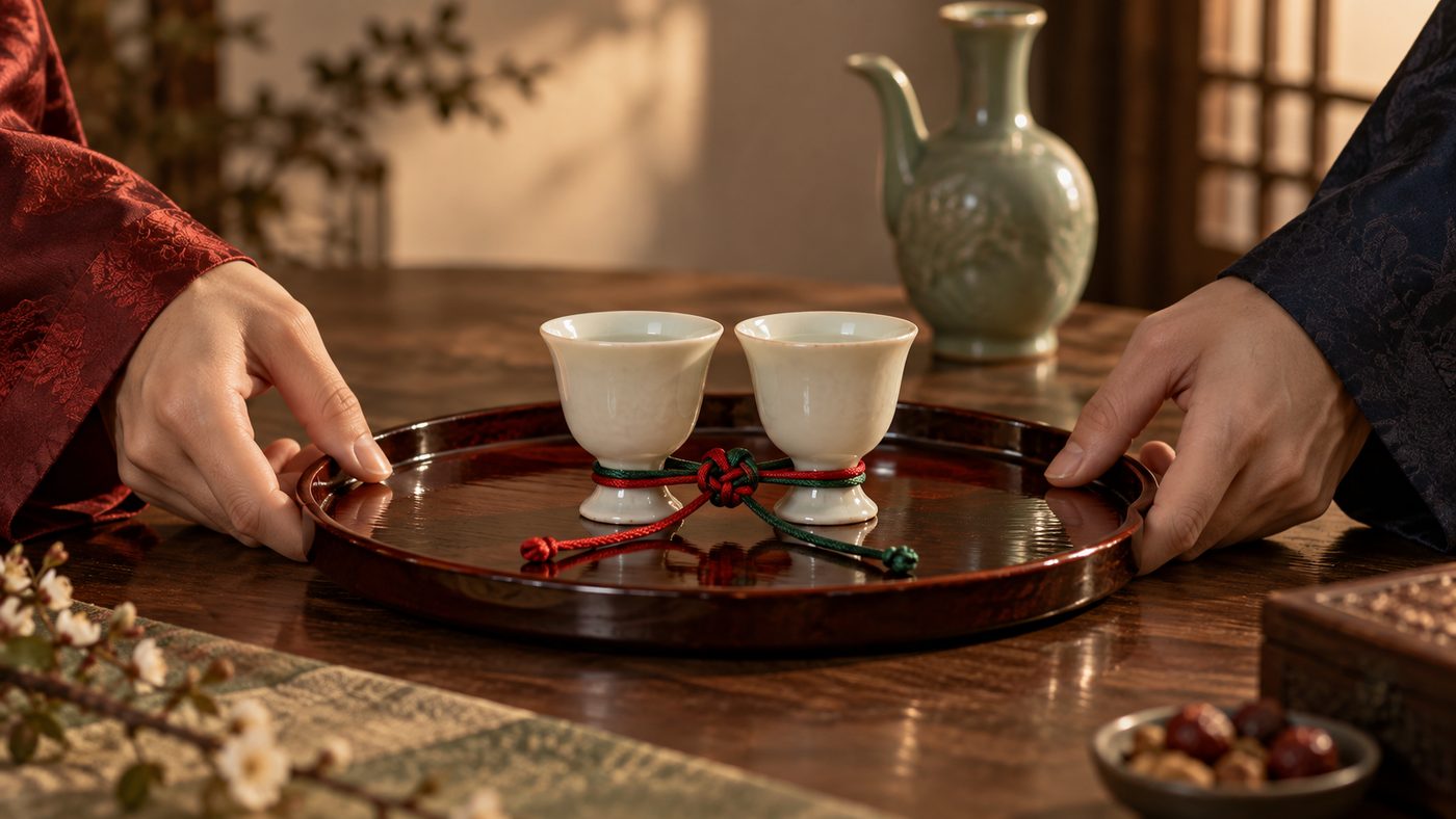 Two small porcelain wine cups on a lacquer tray, their feet tied together with a red and green silk knot, two hands at the edges of the tray about to lift them.