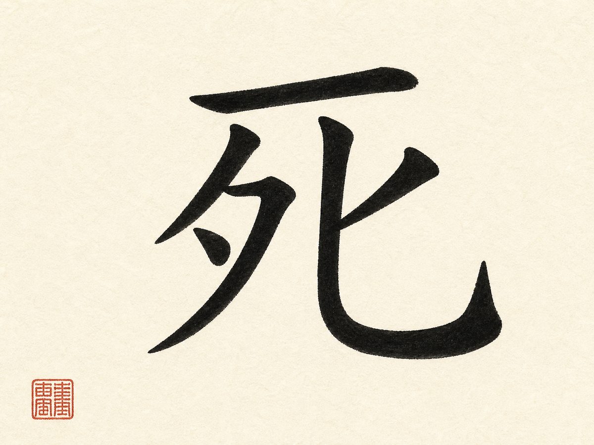 The character 死 (death) in bold black brush calligraphy with a red seal on rice paper.