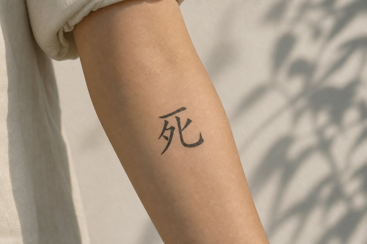 The character 死 (death) as a black brush-script tattoo inked on skin.