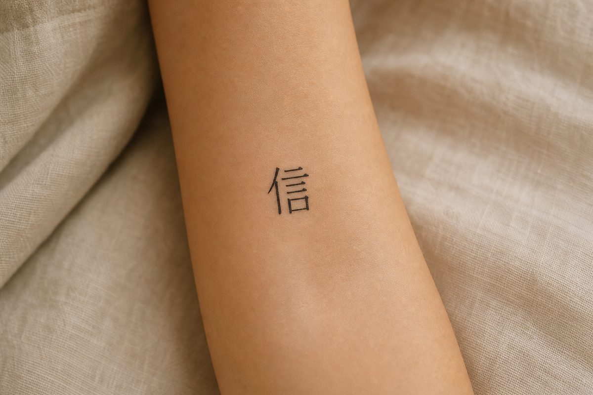 A small fine-line tattoo of the Chinese character 信 (xìn), meaning faith and trustworthiness, inked vertically on a person's inner forearm.