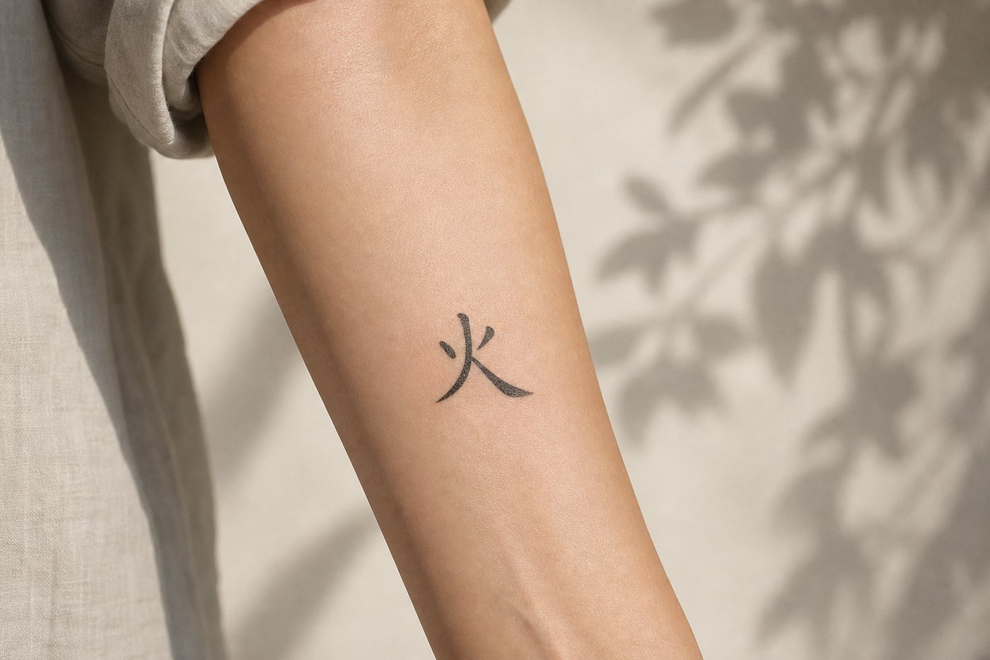 The character 火 (fire) as a black brush-script tattoo inked on skin.