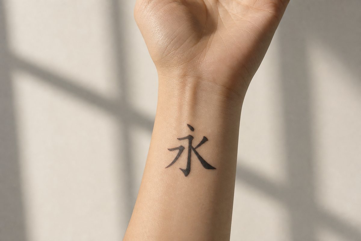 The Chinese character 永 (forever) as a fine brush-style tattoo on the inside of a wrist.