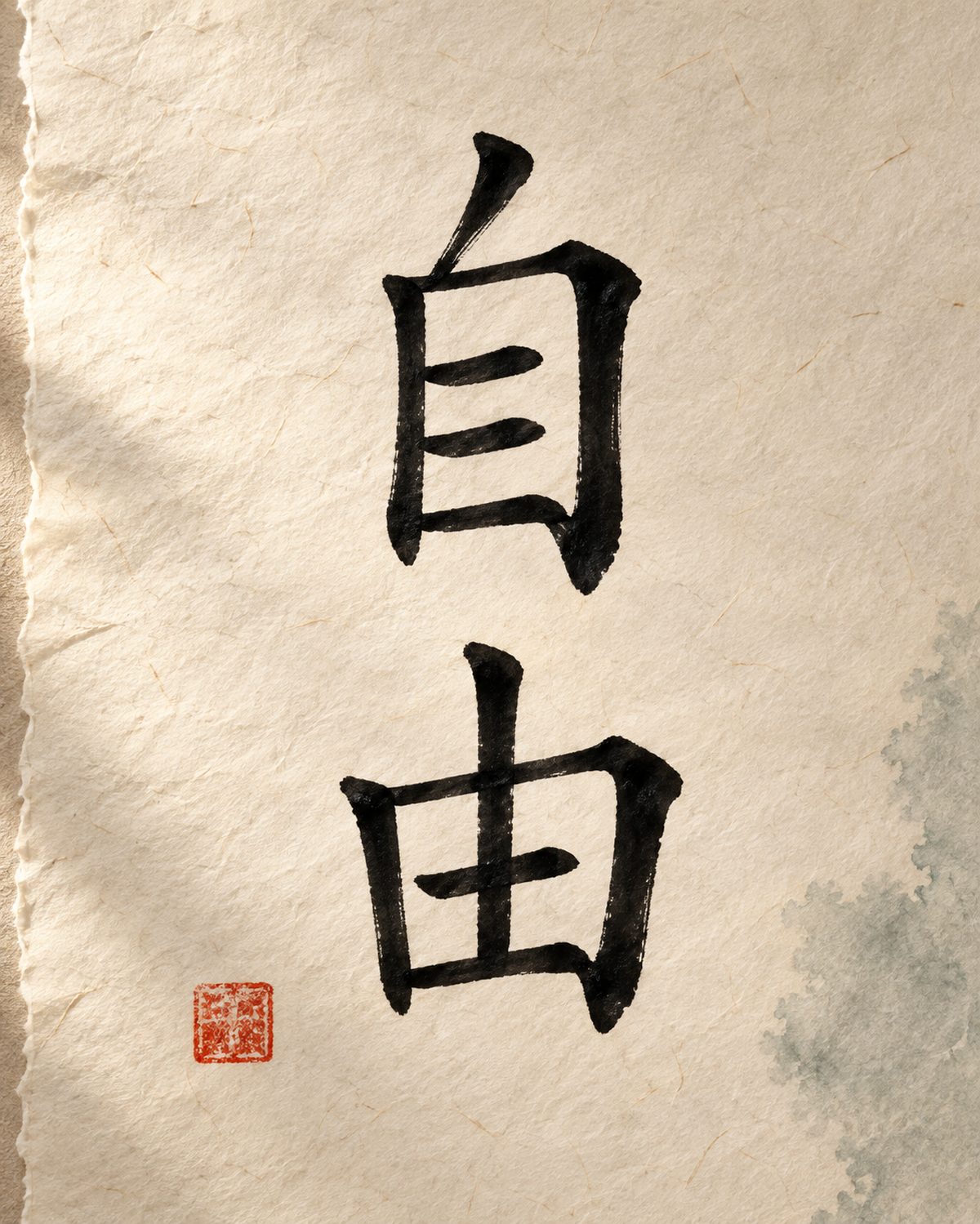 The Chinese symbol for freedom, 自由 (zì yóu), brushed vertically in black ink on warm rice paper with a small red seal.