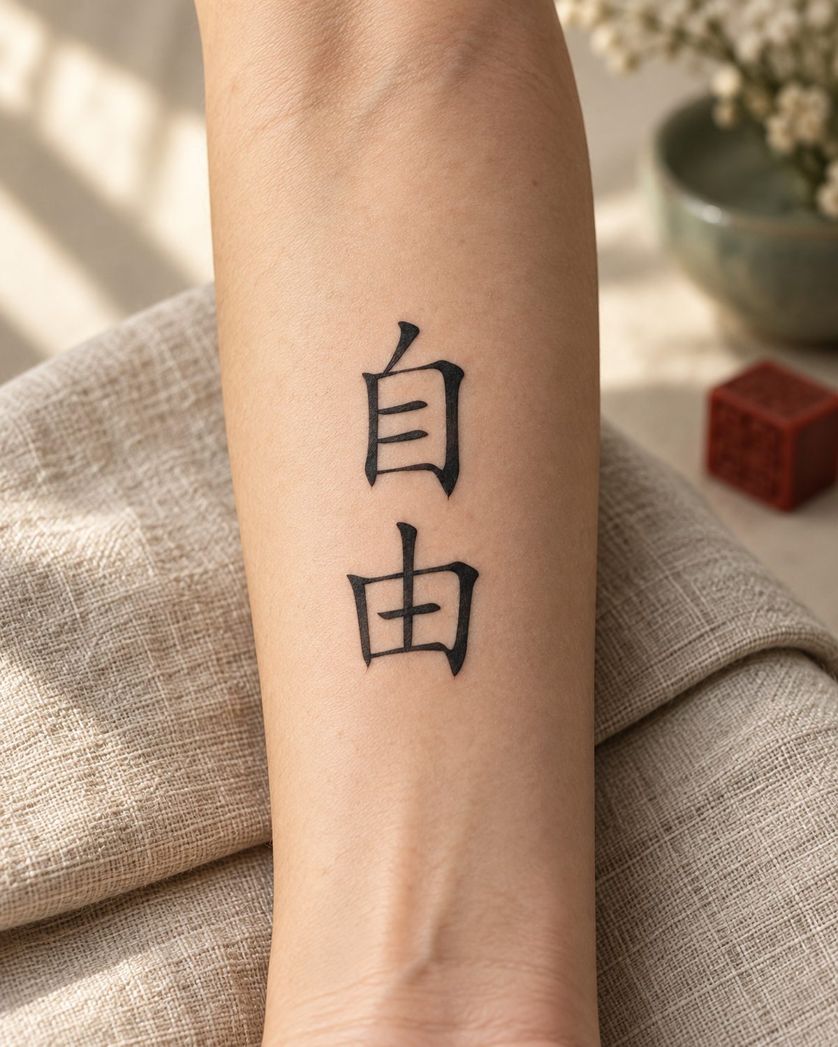 The Chinese freedom symbol 自由 (zì yóu) as a fine-line vertical brush tattoo on an inner forearm resting on linen.