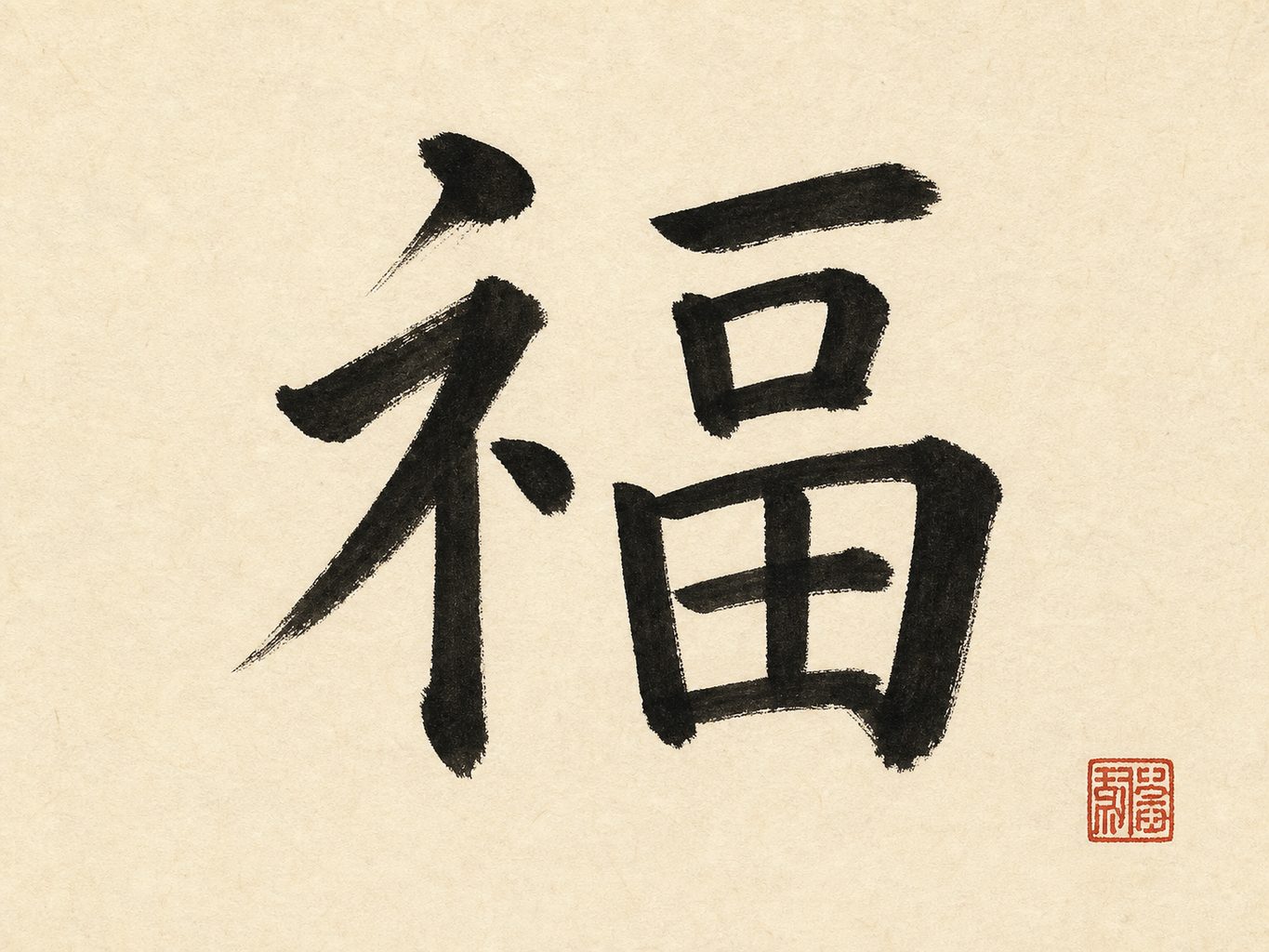 The character 福 (blessing, good fortune) in bold black brush calligraphy with a red seal on rice paper.