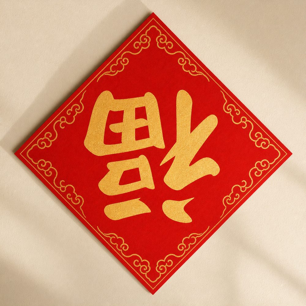 A red diamond Spring Festival paper with the gold character 福 hung upside down.