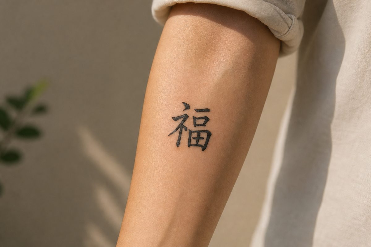 The character 福 (blessing, good fortune) as a fine brush-style tattoo on an inner forearm.