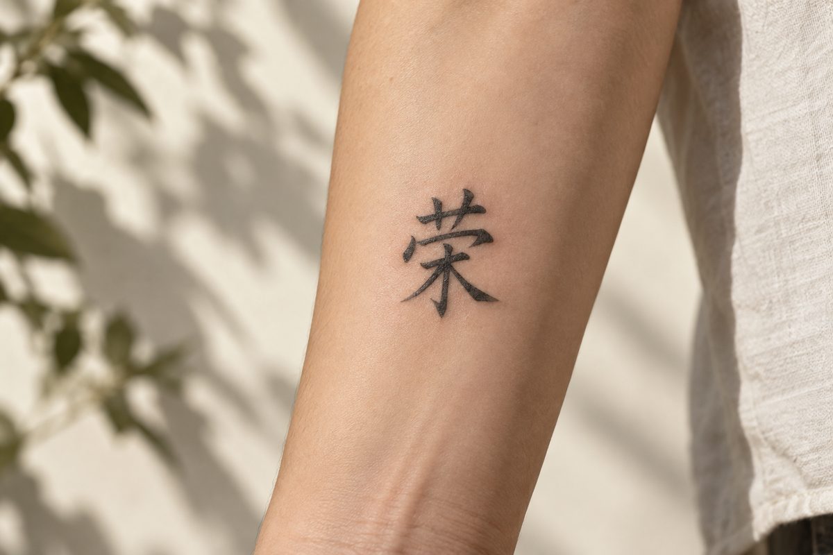 The Chinese character 荣 (honor) as a fine brush-style tattoo on an inner forearm.