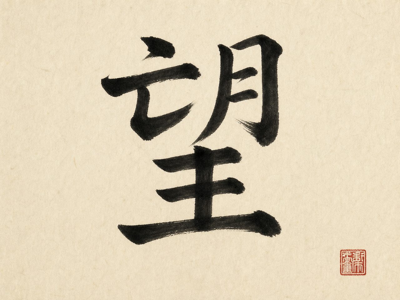 The character 望 (hope, to gaze into the distance) in bold black brush calligraphy with a red seal on rice paper.
