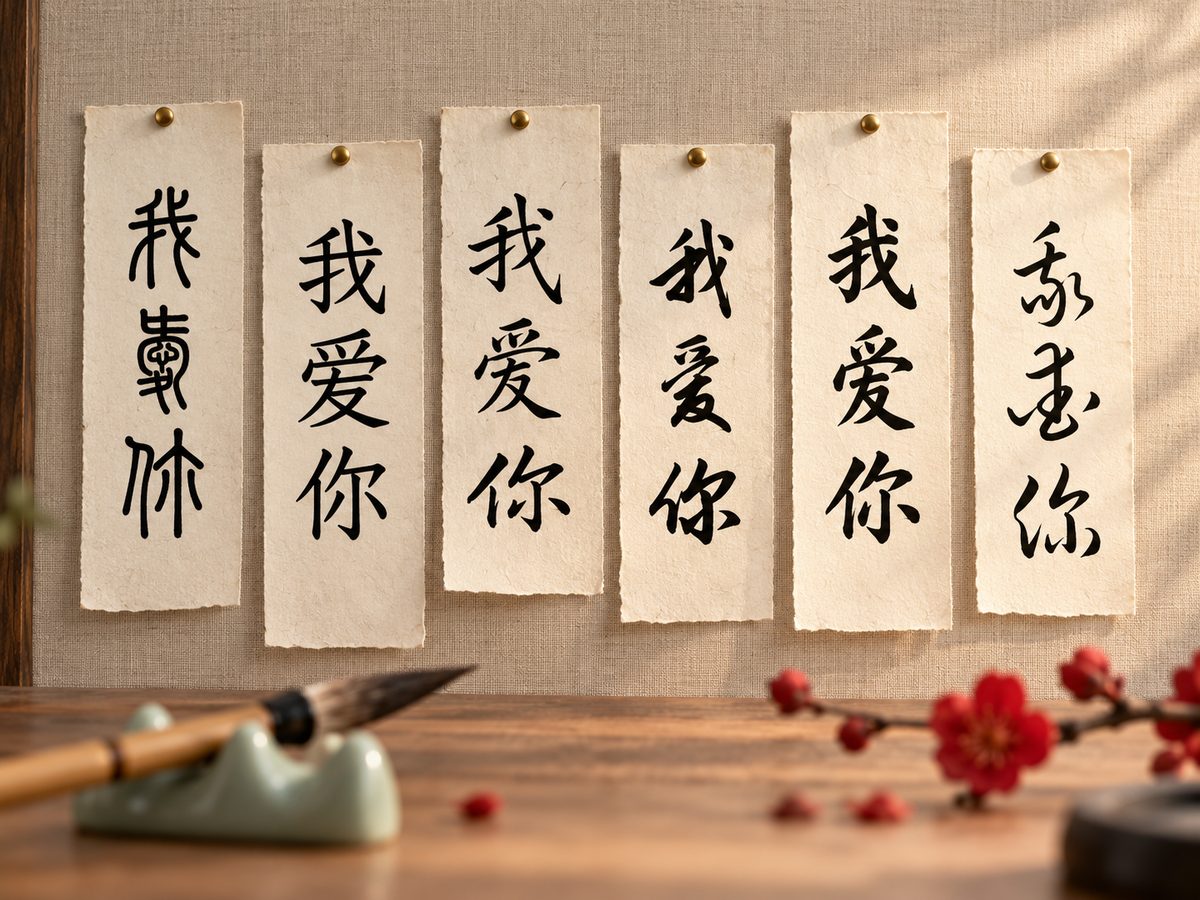 I love you in Chinese, 我爱你, brushed in six calligraphy hands from seal script to cursive on strips of rice paper.