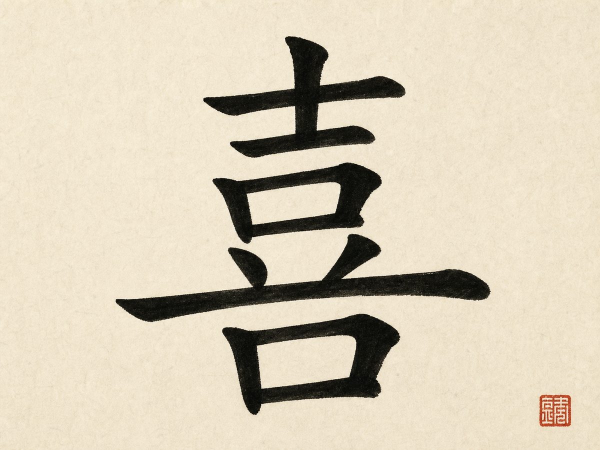 The character 喜 (joy) in bold black brush calligraphy with a red seal on rice paper.