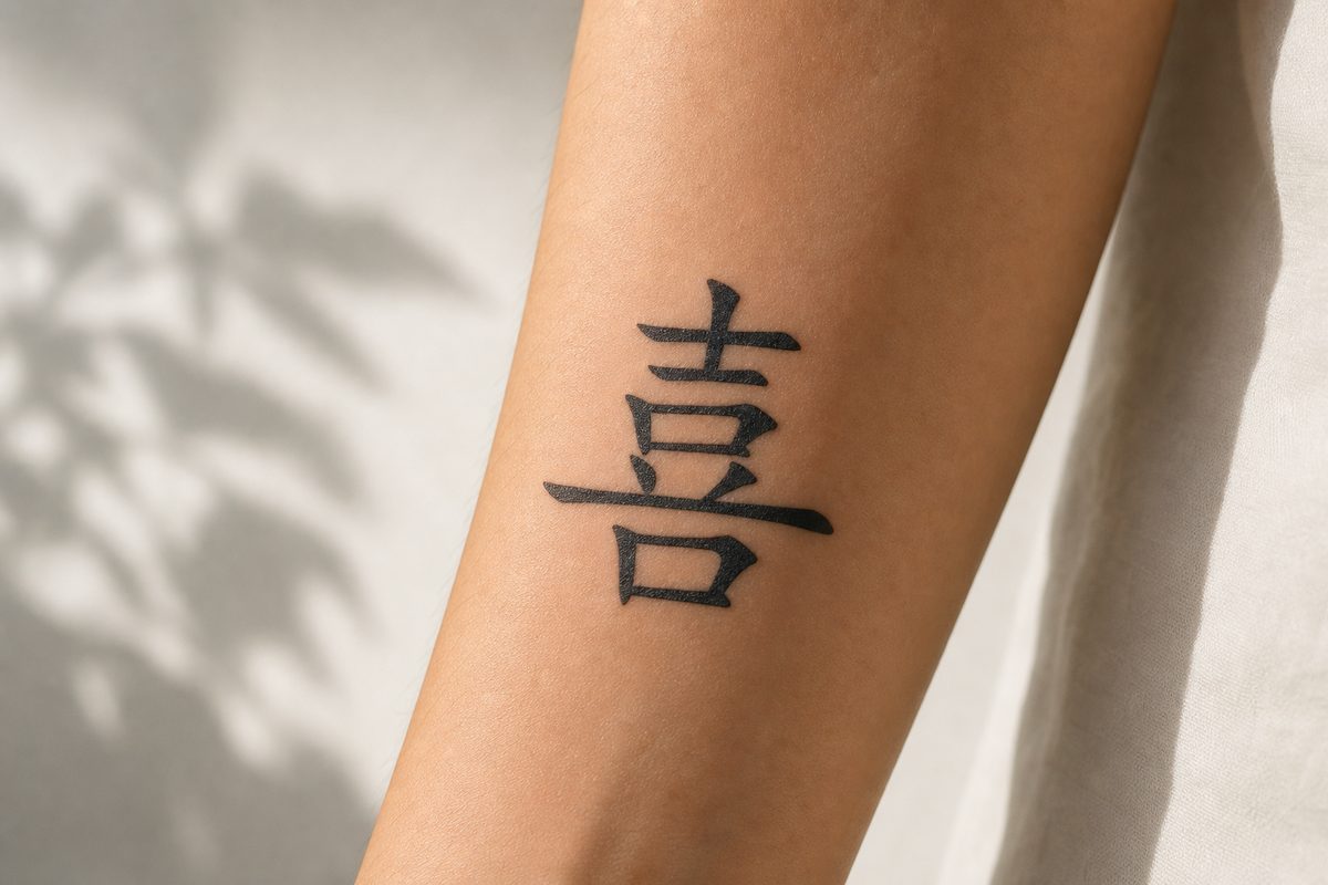 A fine-line tattoo of the character 喜 (joy) on skin.