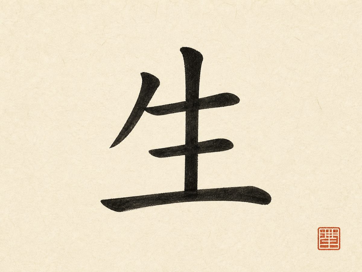 The character 生 (life) in bold black brush calligraphy with a red seal on rice paper.