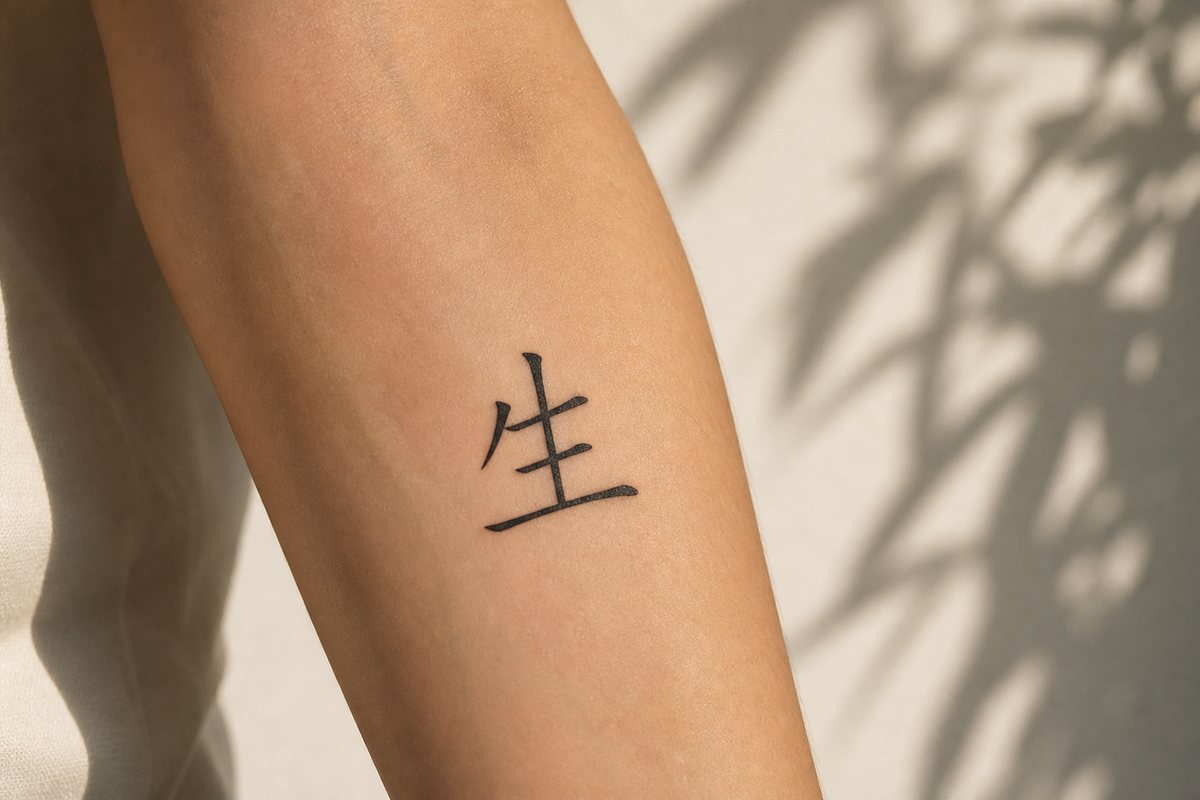 The character 生 (life) as a black brush-script tattoo inked on skin.