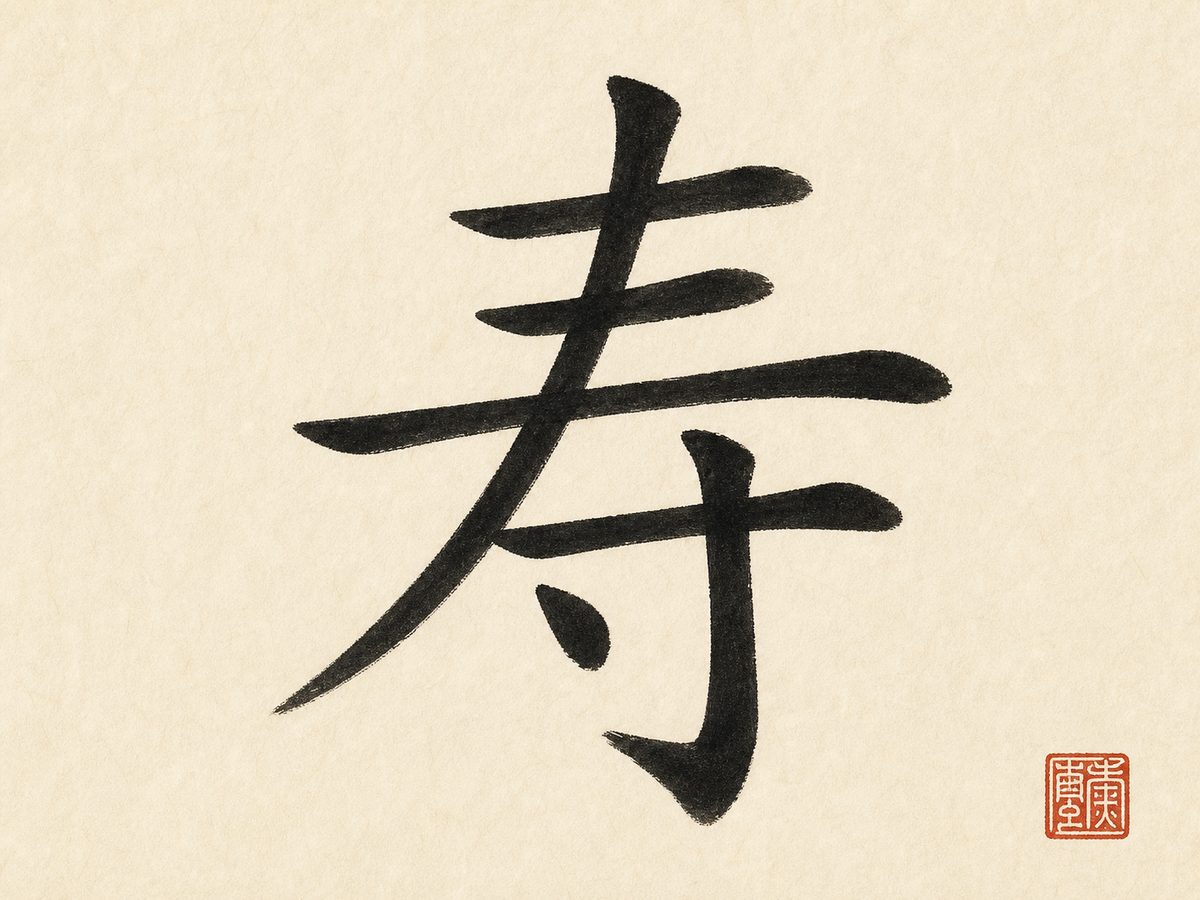 The character 寿 (longevity) in bold black brush calligraphy with a red seal on rice paper.