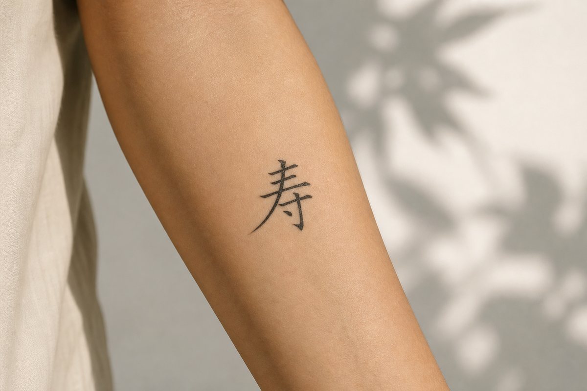 The character 寿 (longevity) as a black brush-script tattoo inked on skin.