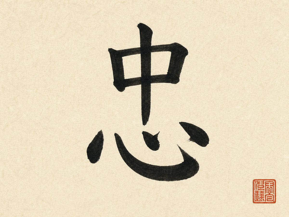 The character 忠 (loyalty) in bold black brush calligraphy with a red seal on rice paper.