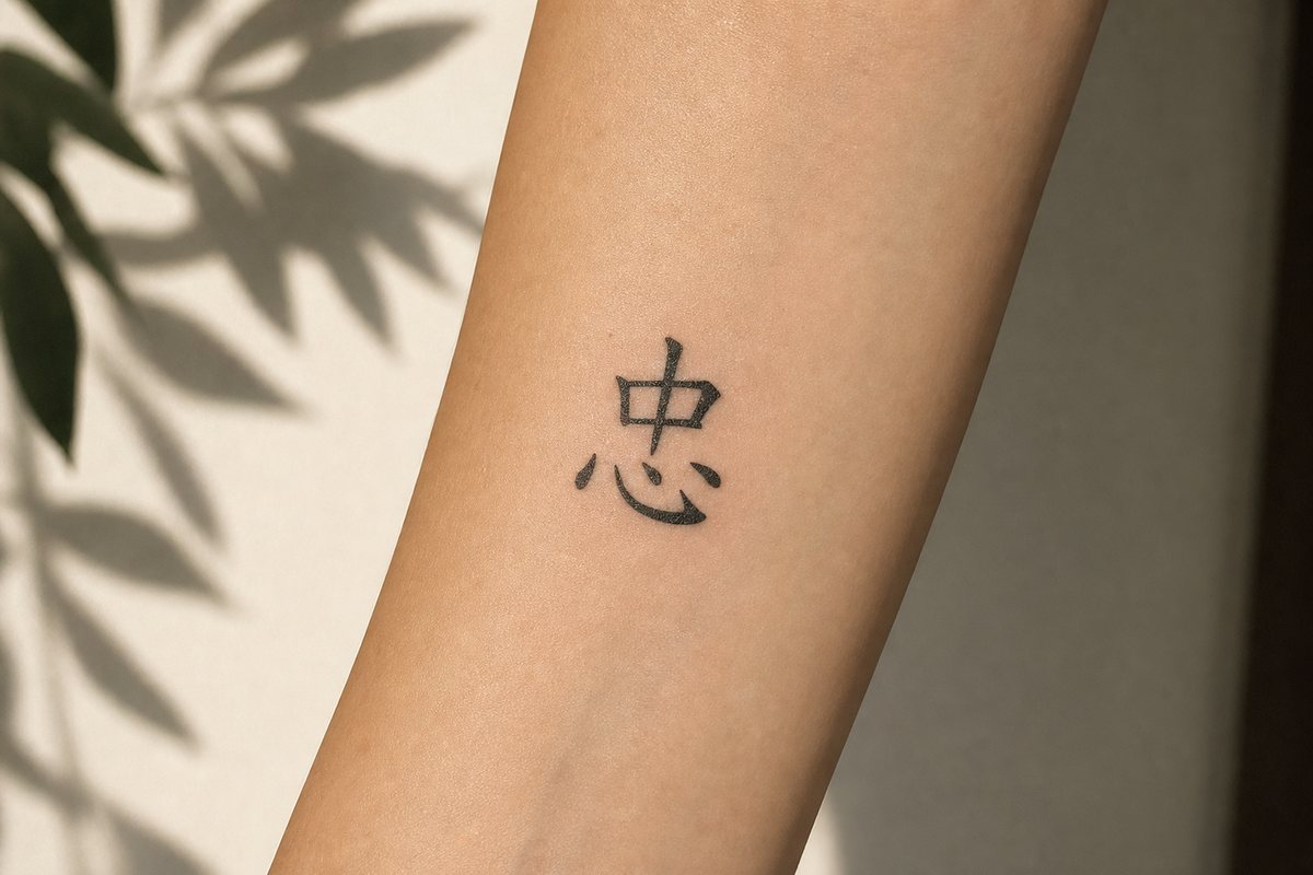 The character 忠 (loyalty) as a black brush-script tattoo inked on skin.