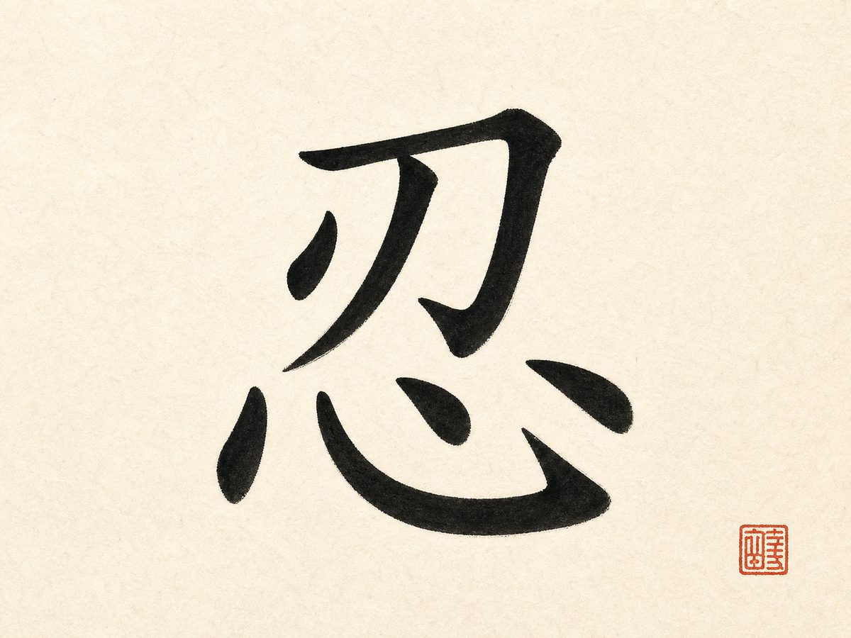 The character 忍 (patience, endurance) in bold black brush calligraphy with a red seal on rice paper.