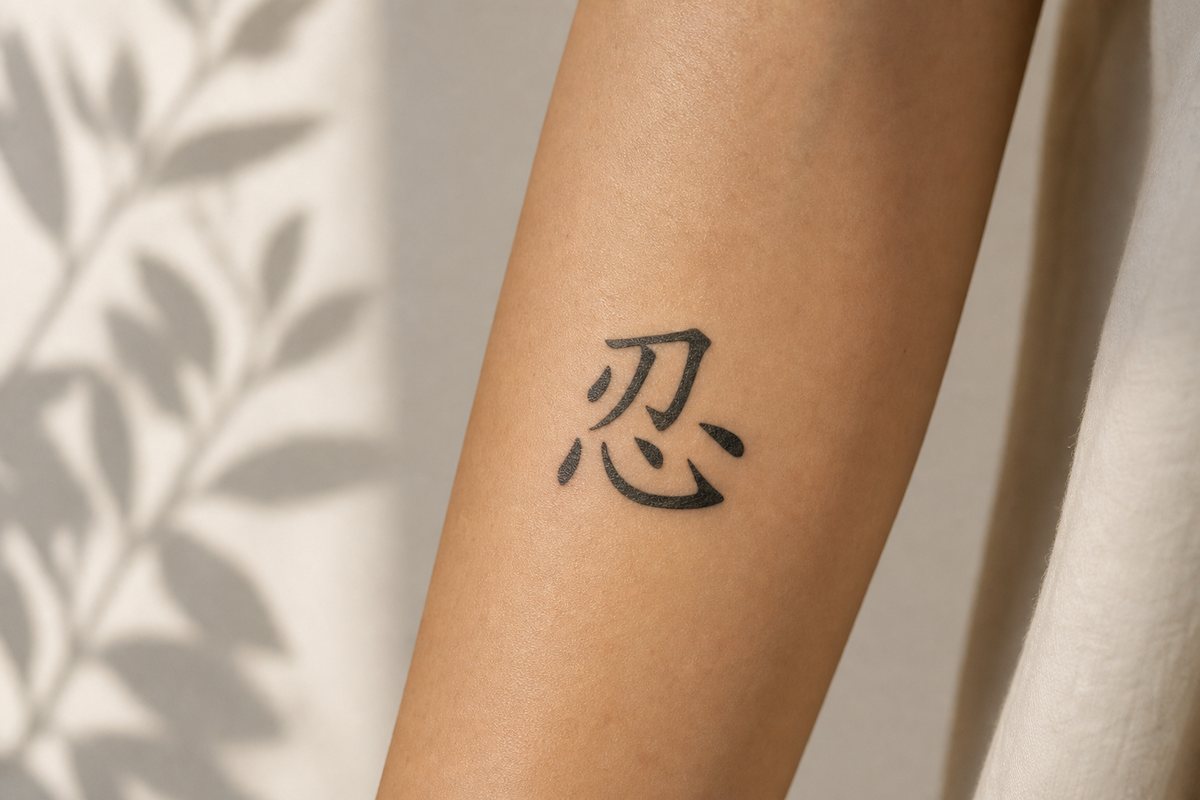 The character 忍 (patience, endurance) as a black brush-script tattoo inked on skin.