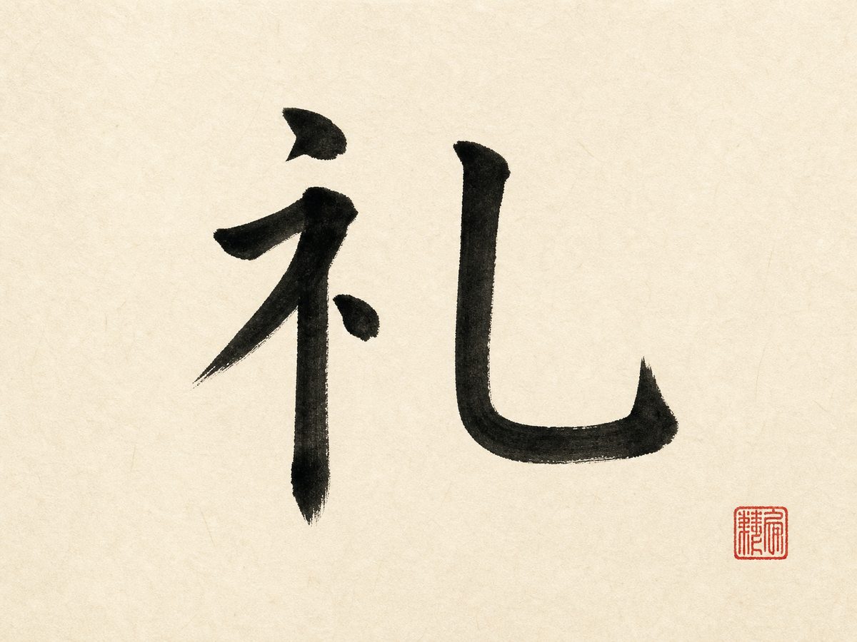 The character 礼 (propriety) in black regular-script brush calligraphy with a red seal on rice paper.