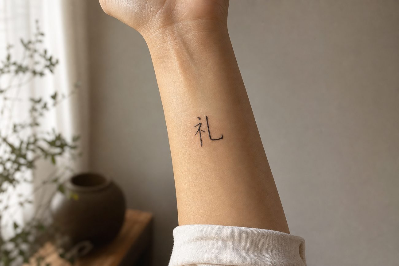 The character 礼 (propriety) tattooed in fine black brush script on an inner forearm.