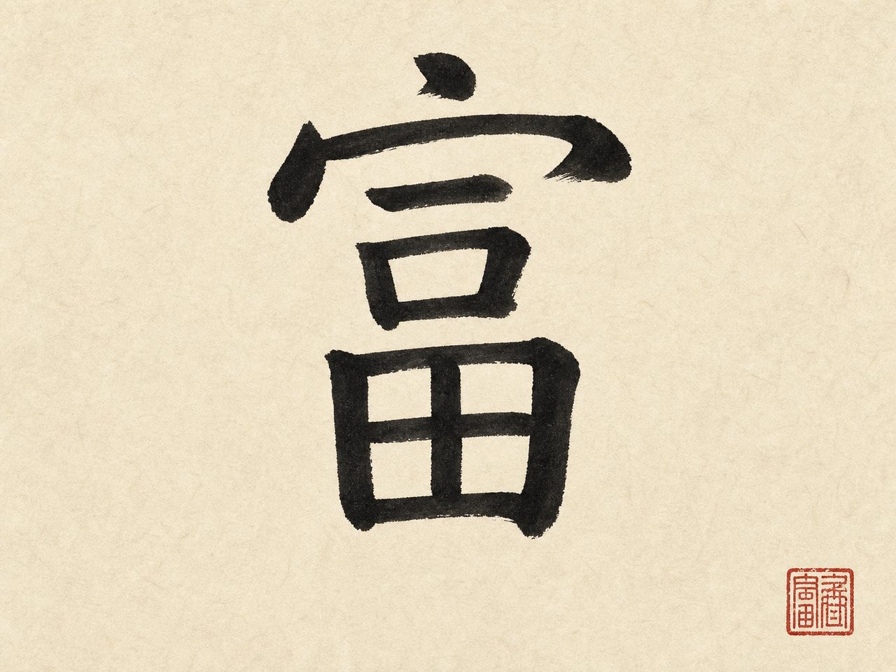 The character 富 (wealth, abundance, prosperity) in bold black brush calligraphy with a red seal on rice paper.