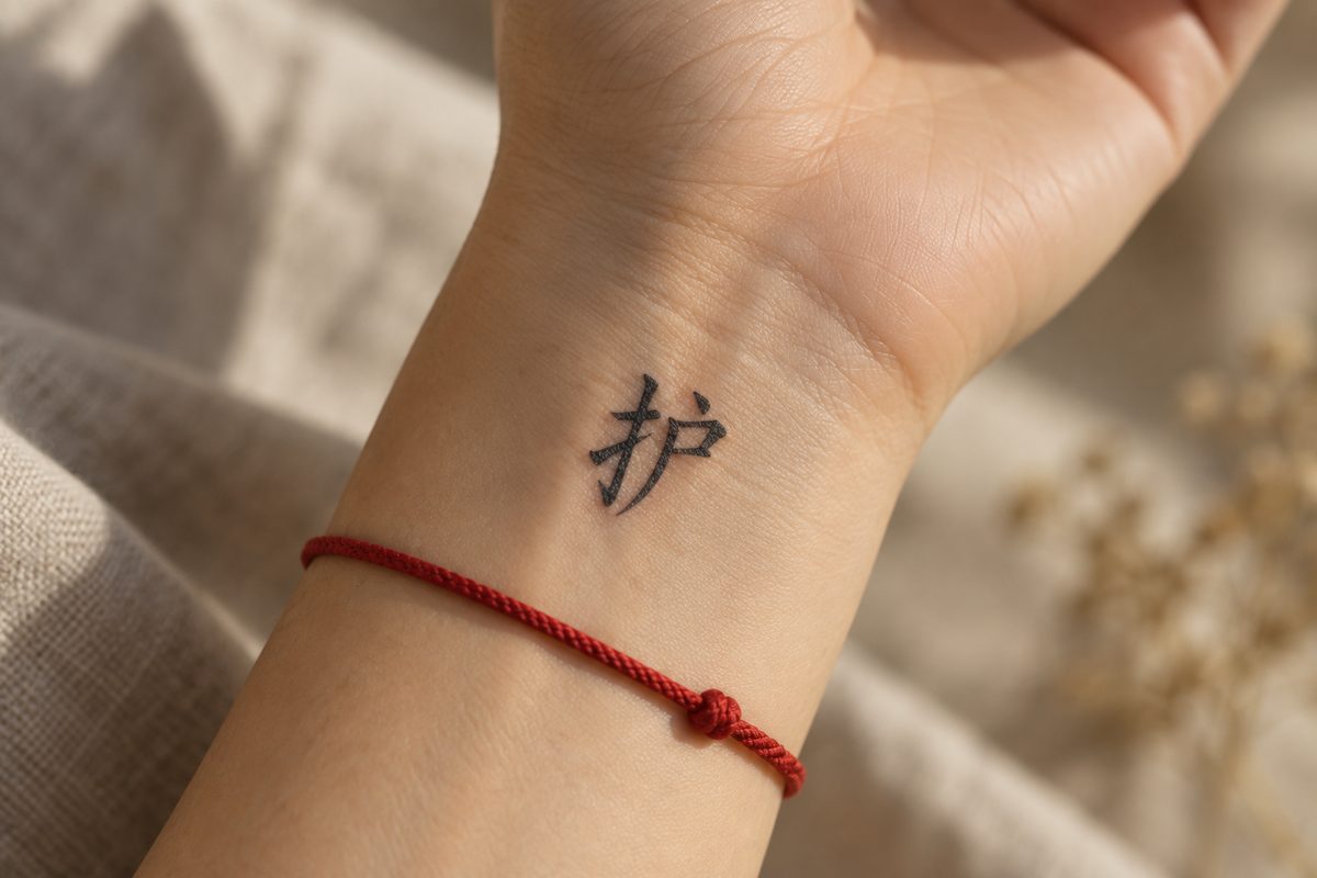 The Chinese protection symbol 护 (hù) as a fine brush-style tattoo on a wrist beside a red cord bracelet.
