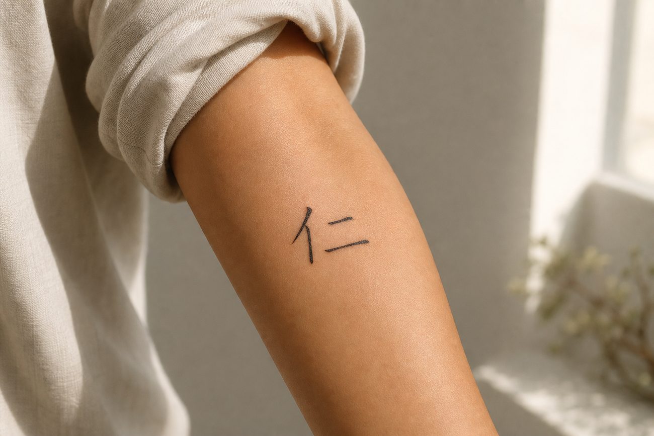 The character 仁 (benevolence) tattooed in fine black brush script on an inner forearm.