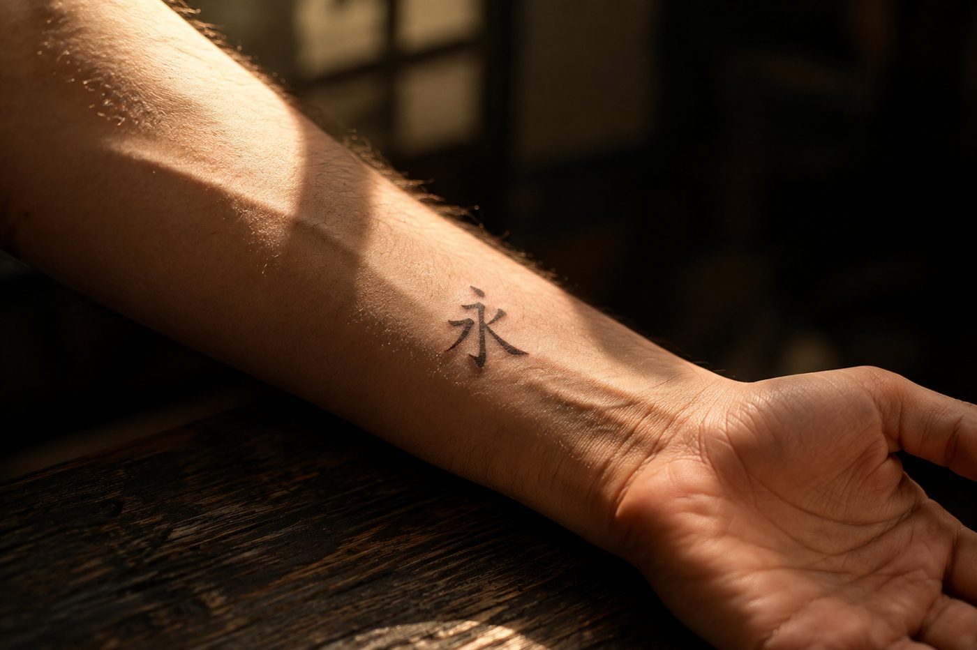 A small fine-line tattoo of the Chinese character for forever on an inner forearm, lit by low afternoon sun with the rest of the arm falling into shadow.