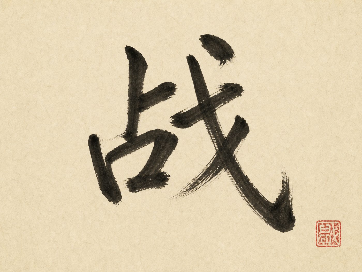 The Chinese character for war, 战, brushed in black running-script ink on warm ivory rice paper with a small cinnabar seal in the lower right.
