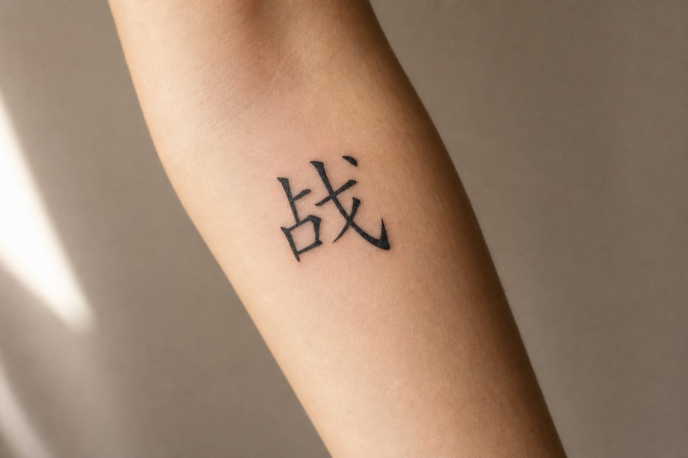 A fine-line black tattoo of the Chinese character for war, 战, on a person's inner forearm in natural light.