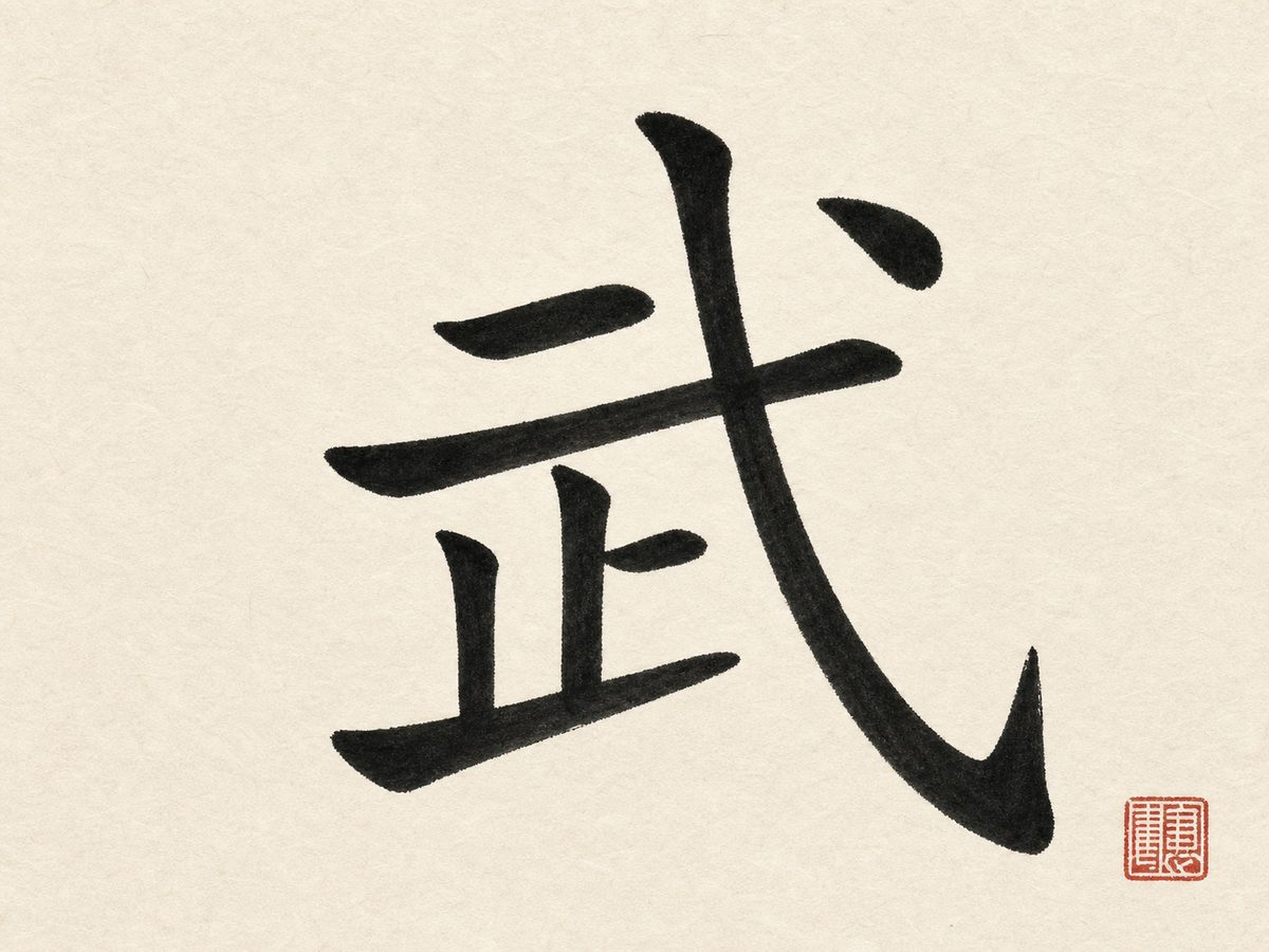 The character 武 (martial, warrior) in bold black brush calligraphy with a red seal on rice paper.
