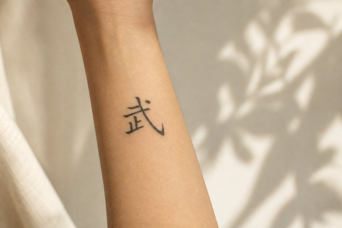 The character 武 (warrior) as a black brush-script tattoo inked on skin.