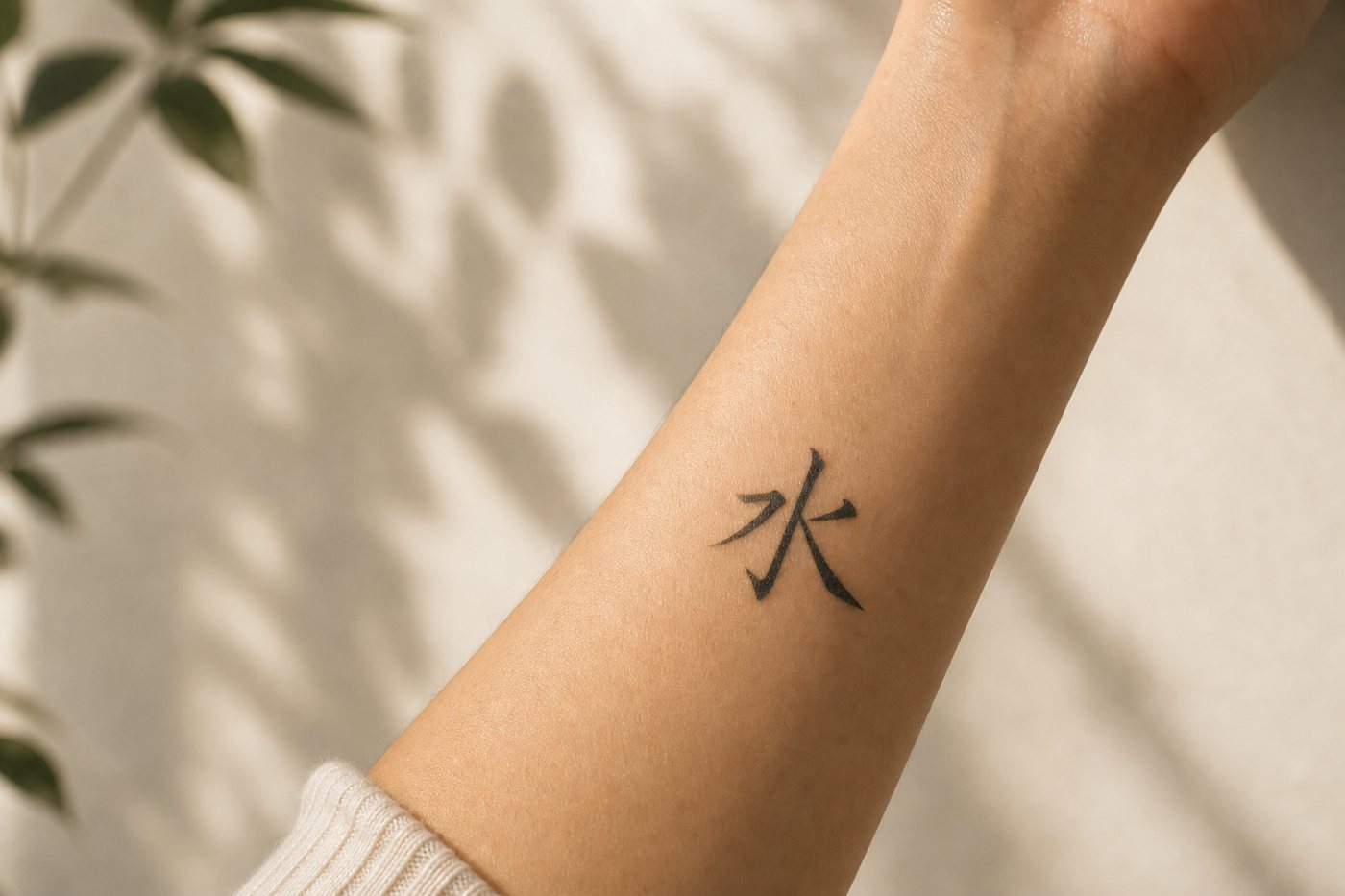 The character 水 (water) as a black brush-script tattoo inked on skin.