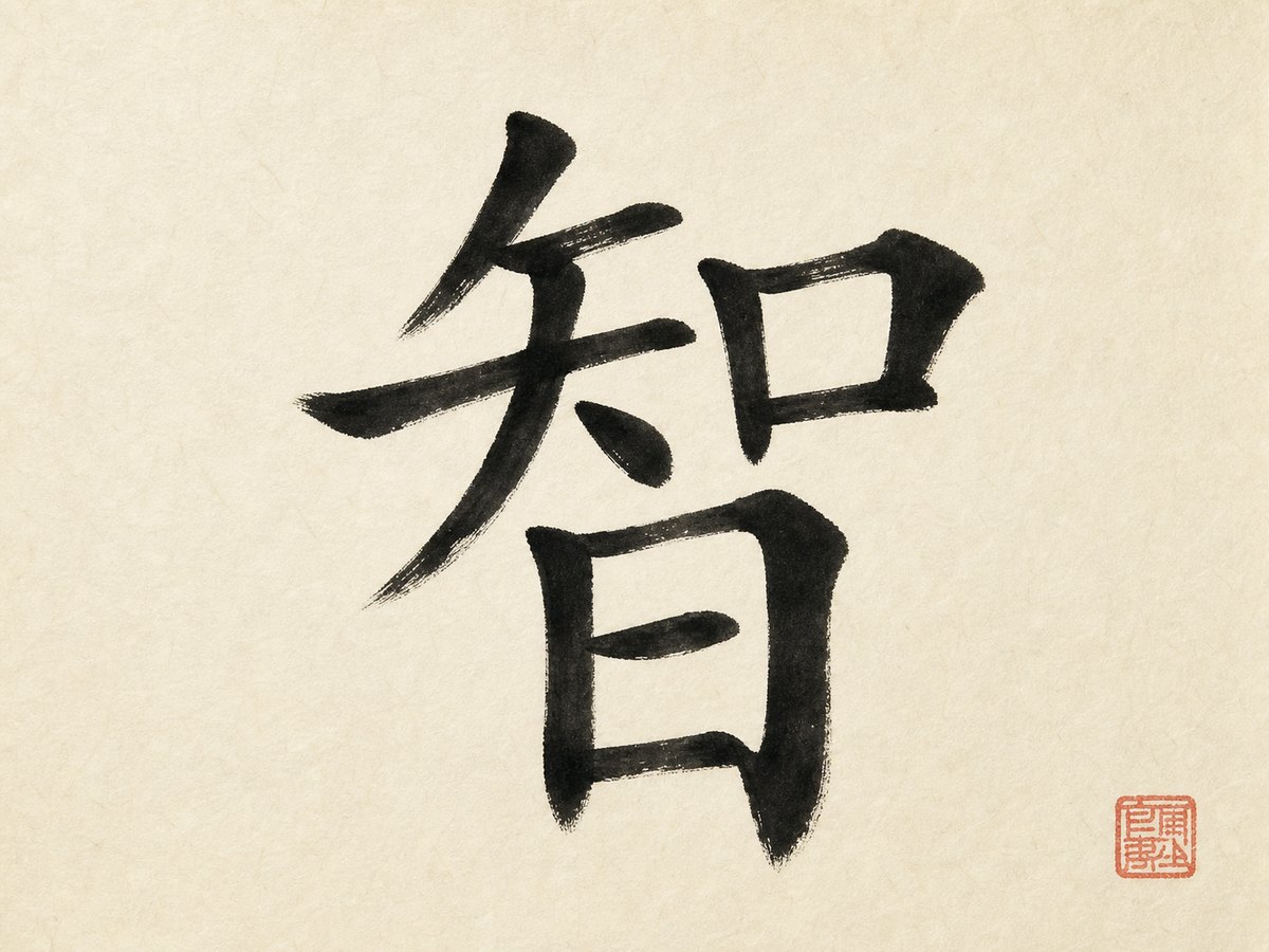 The character 智 (wisdom) in black running-script brush calligraphy with a red seal on rice paper.