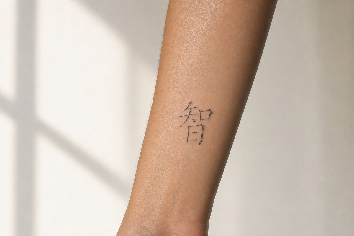 The character 智 (wisdom) as a black brush-script tattoo inked on skin.