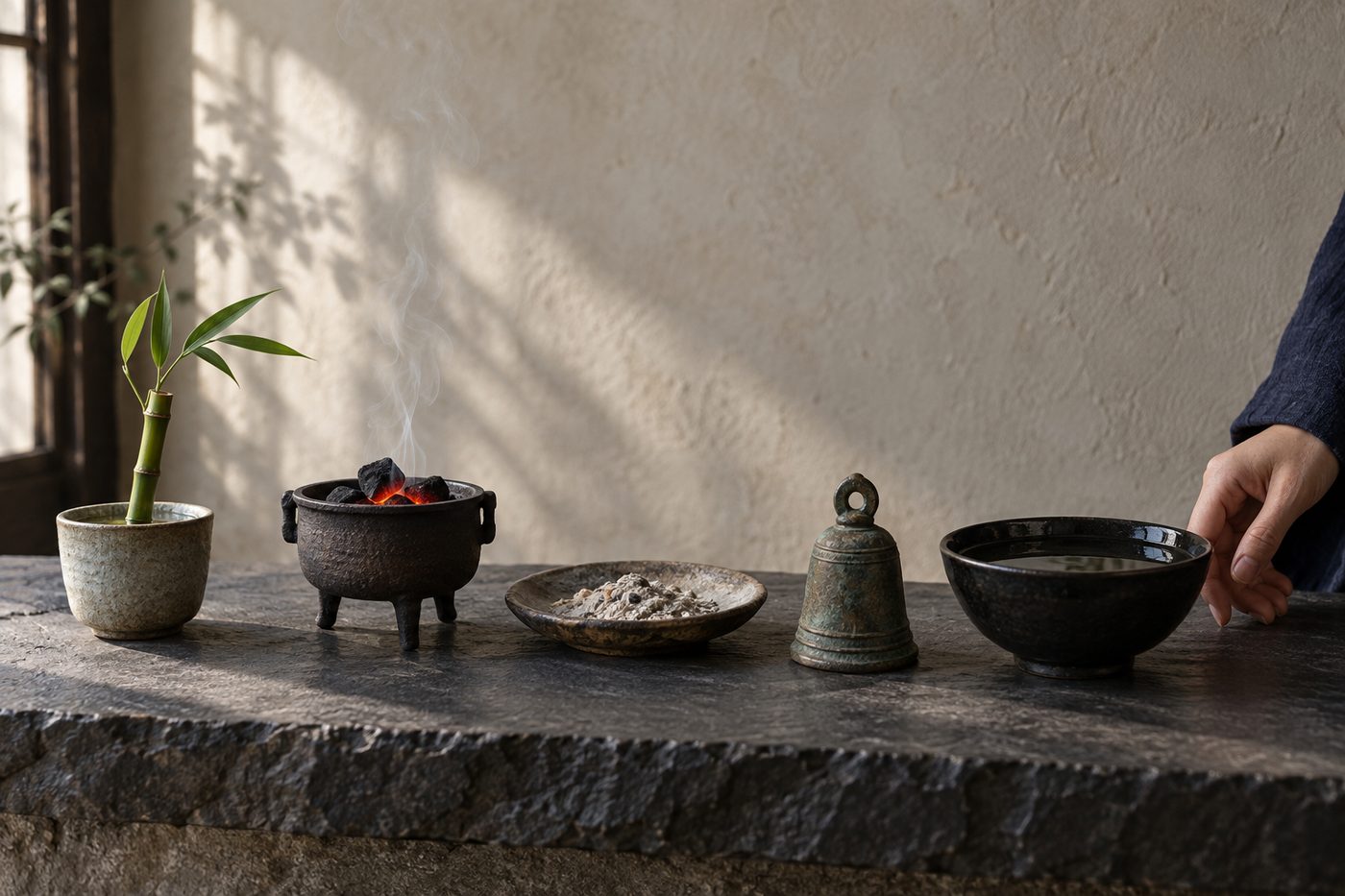 Five objects in a line on a slate ledge, a bamboo shoot in a cup of water, a small iron brazier with glowing embers, a dish of pale ash, a patinaed bronze bell and a black bowl of still water, lit from the left, while a hand in an indigo sleeve rests near the bowl.