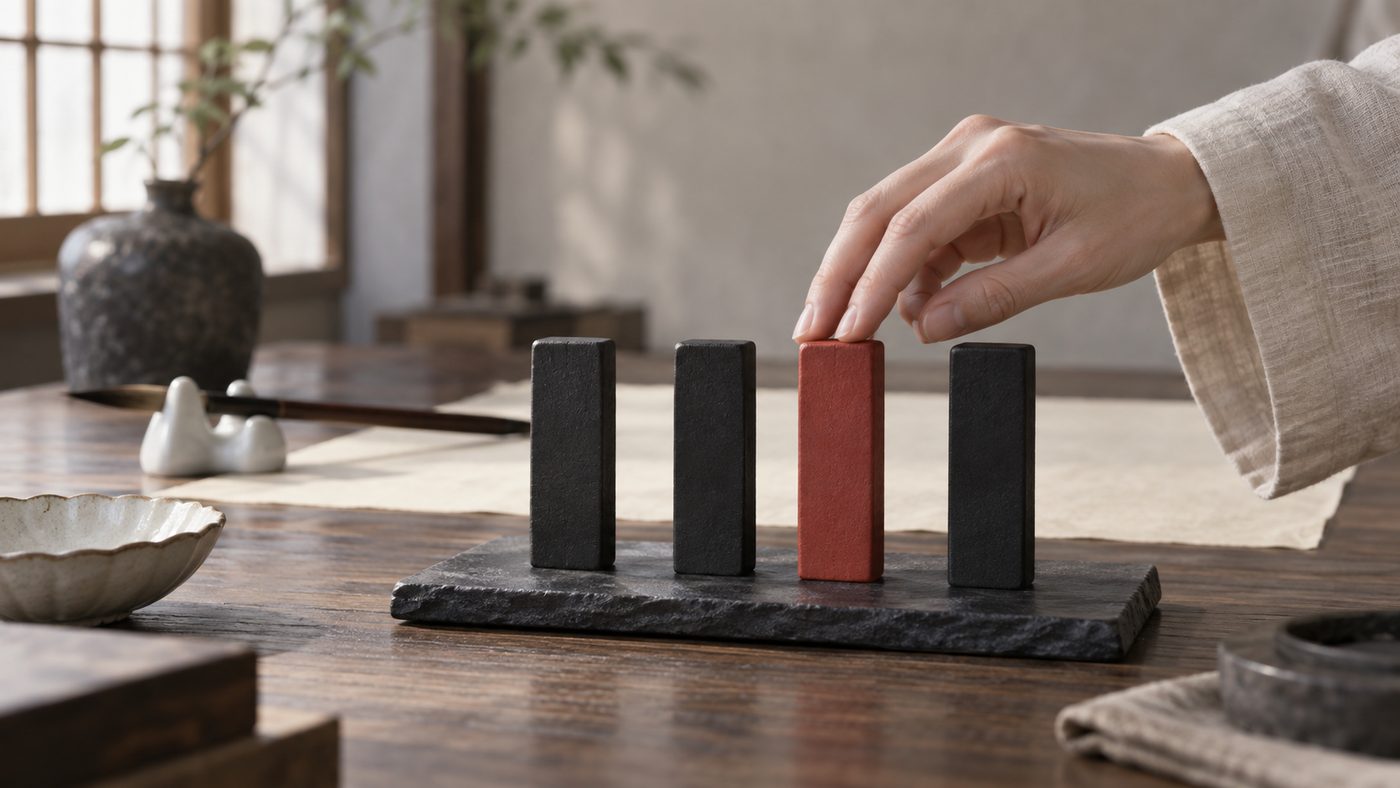 Four ink sticks stand upright in a row on a slate tray, three black and the third one cinnabar red, while a hand in a linen sleeve rests two fingertips on the red one, with blank rice paper and a brush behind.