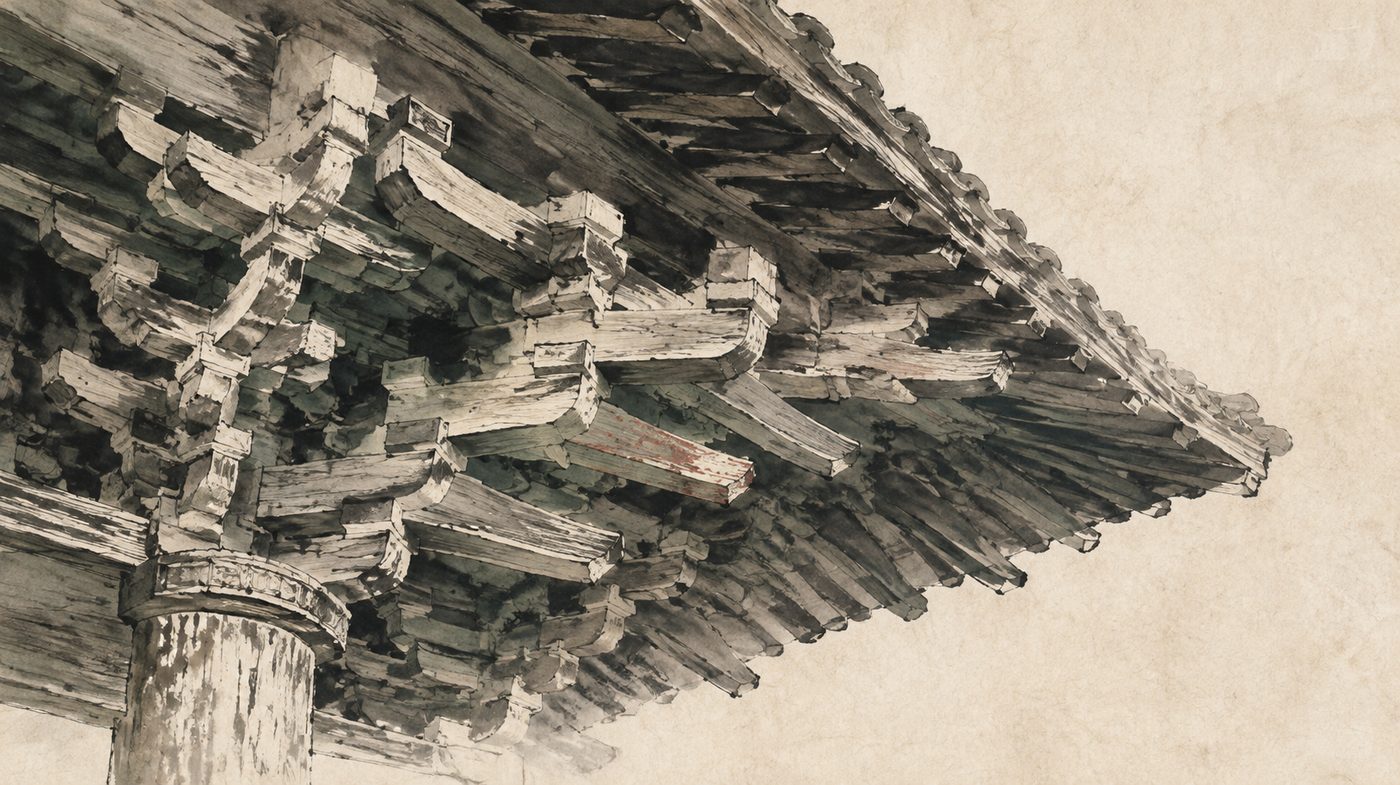 An ink-wash painting of a traditional Chinese dougong bracket set seen from below, its interlocking wooden blocks and arms stepping outward in tiers to carry the eave beam above.