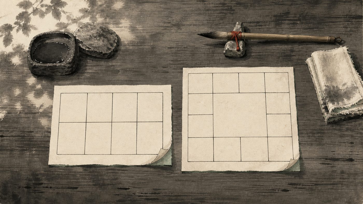 An ink-wash painting of a scholar's desk from above with two blank ruled forms side by side, one a small grid of eight cells and one a ring of twelve cells around an open center, beside an inkstone and brush.